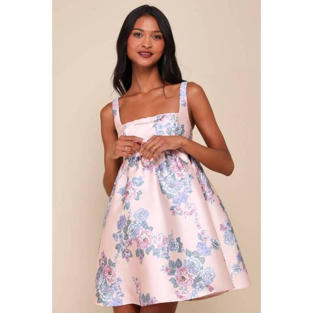 Lulus Unbelievably Lovely Pink Floral Babydoll Empire Waist Mini Dress - Size M